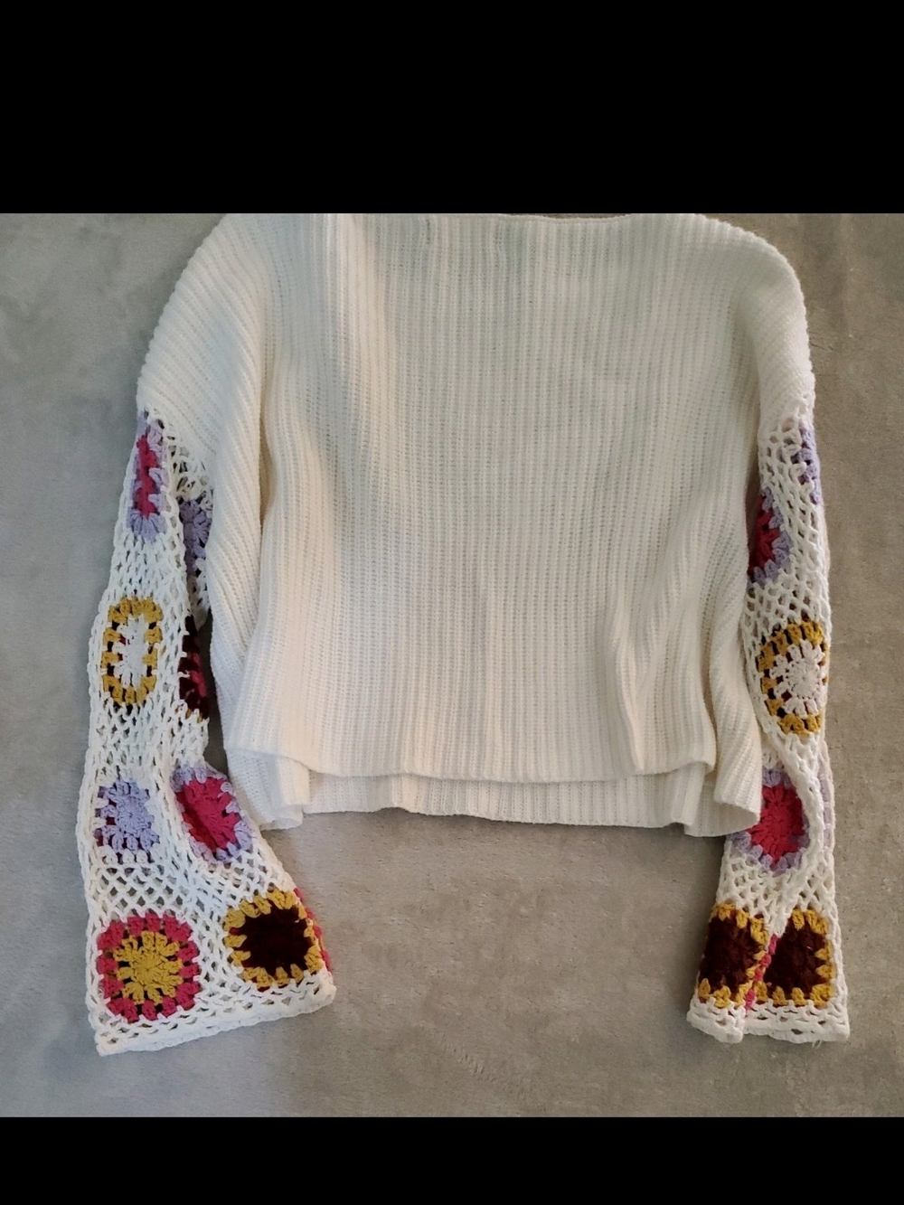 Altar'd State Cream Crewneck Sweater with Crochet Multicolor Bell Sleeves